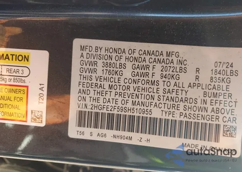 2025 Honda Civic Sport from USA, damaged, VIN 2HGFE2F59SH510955